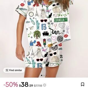 SheShow Taylor Swift Graphic Print White Women's Button Up Top and Shorts